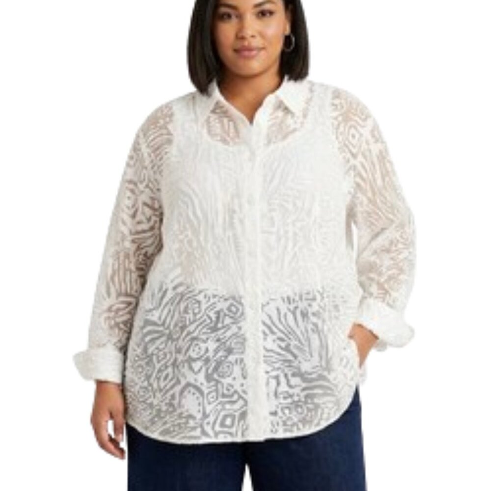 Ruby Rd. Plus Button Down White & Sheer Shirt Ele… - image 1